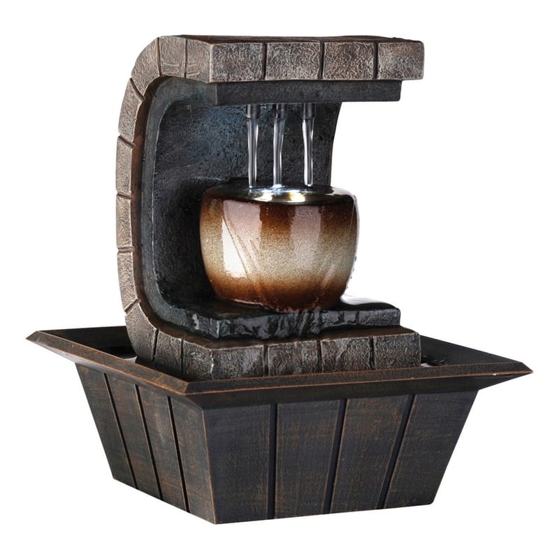 Pemberly Row C Shaped Polyresin 3 Pillar Fountain with LED Lights in Brown