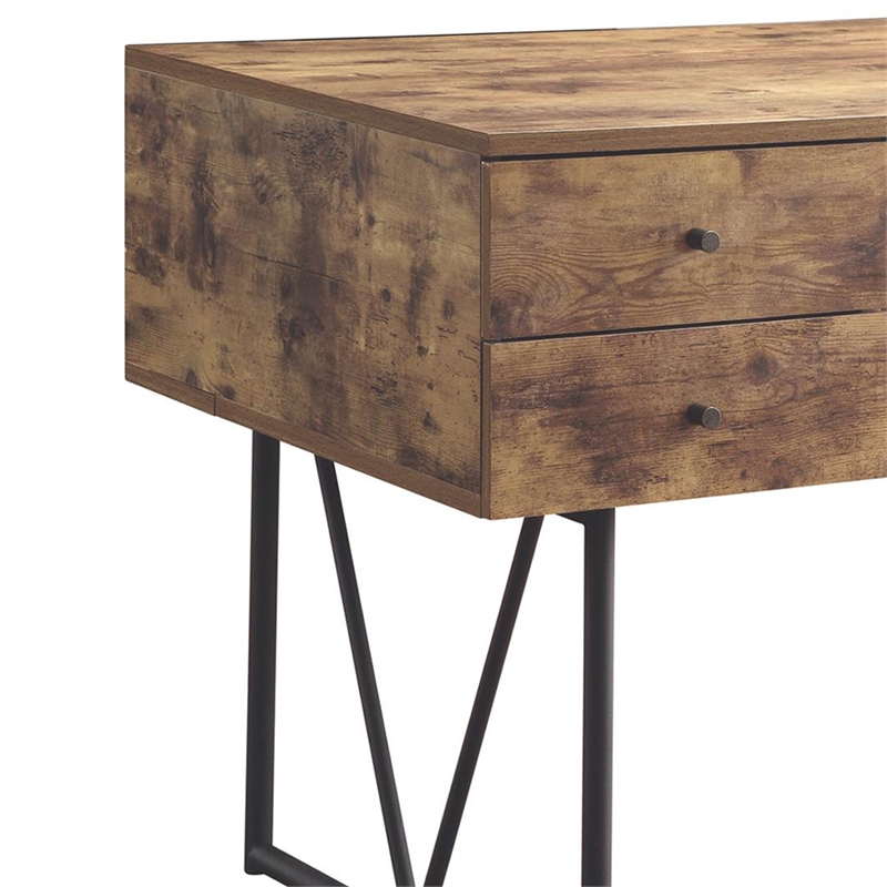 Pemberly Row Antique Nutmeg Desk with 4 Drawers and Metal Base in Brown