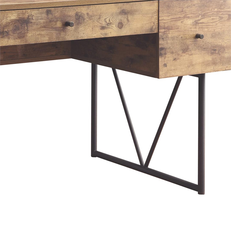 Pemberly Row Antique Nutmeg Desk with 4 Drawers and Metal Base in Brown