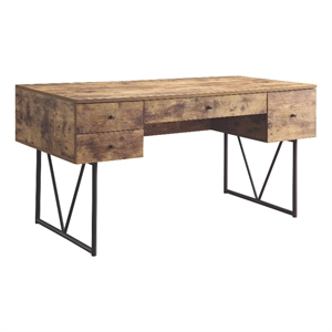 Pemberly Row Antique Nutmeg Desk with 4 Drawers and Metal Base in Brown