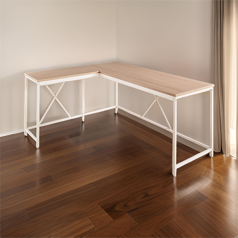 Pemberly Row L Shaped Corner Desk with White Metal X Frame in Oak Brown