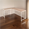Pemberly Row L Shaped Corner Desk with White Metal X Frame in Oak Brown