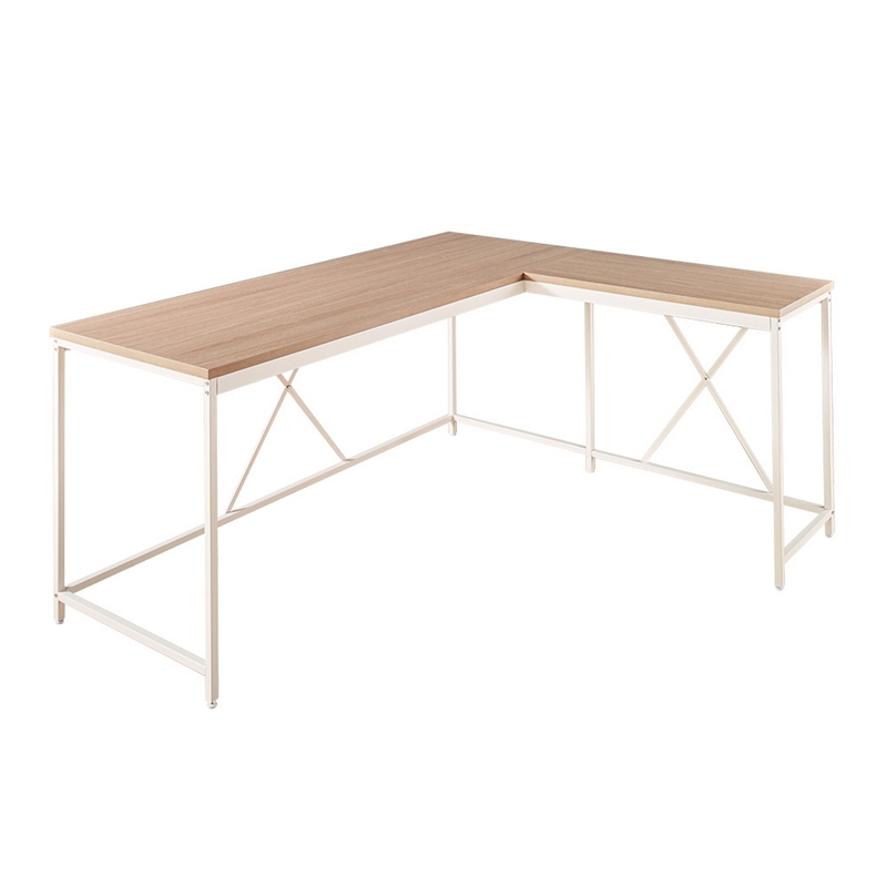 Pemberly Row L Shaped Corner Desk with White Metal X Frame in Oak Brown