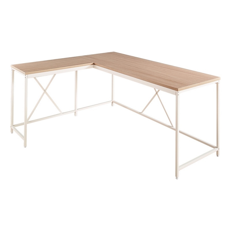 Pemberly Row L Shaped Corner Desk with White Metal X Frame in Oak Brown