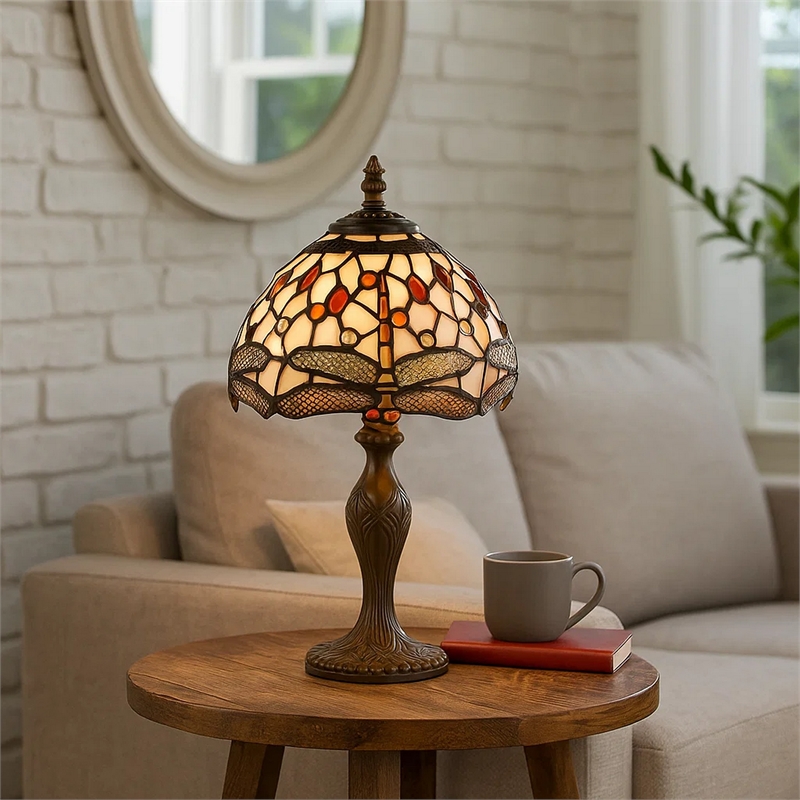 Pemberly Row Metal Table Lamp with Dragonfly Design Shade in Multicolor