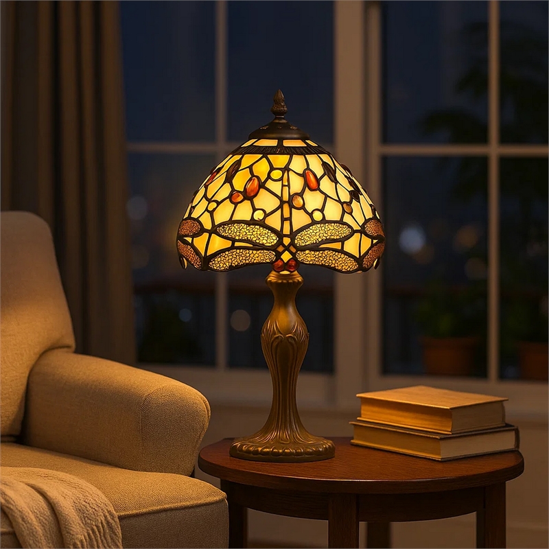 Pemberly Row Metal Table Lamp with Dragonfly Design Shade in Multicolor
