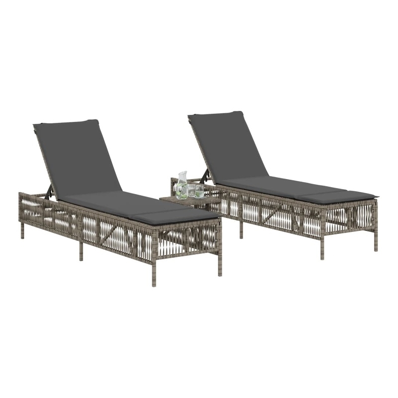 Pemberly Row 3 Piece PE Rattan Sun Lounger Set with Cushions in Gray