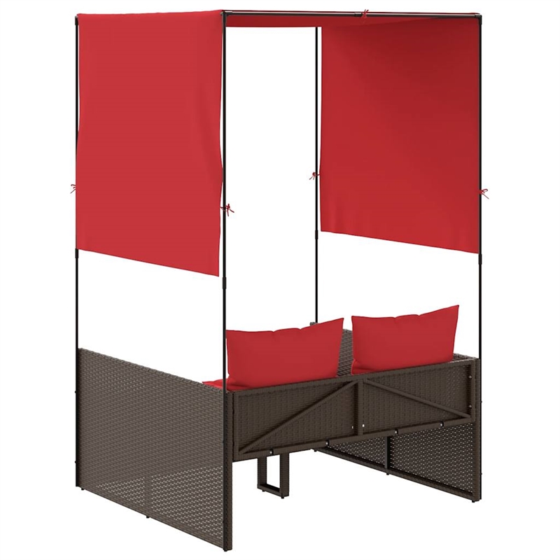 Pemberly Row Double Patio Sun Lounger with Canopy and Cushions in Brown/Red