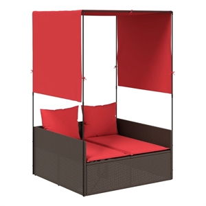 Pemberly Row Double Patio Sun Lounger with Canopy and Cushions in Brown/Red