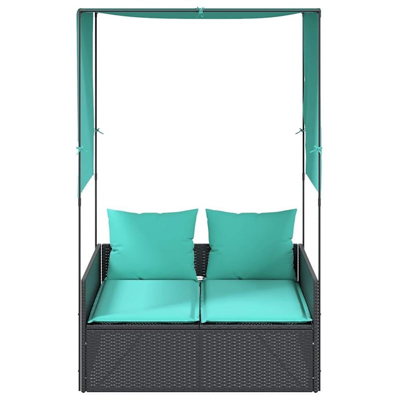 Pemberly Row PE Rattan Double Sun Lounger with Canopy and Curtains in Black