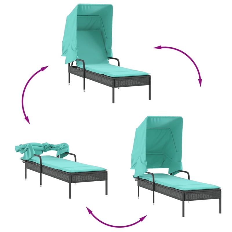Pemberly Row Patio Sun Lounger with Canopy and Cushion in Black/Turquoise