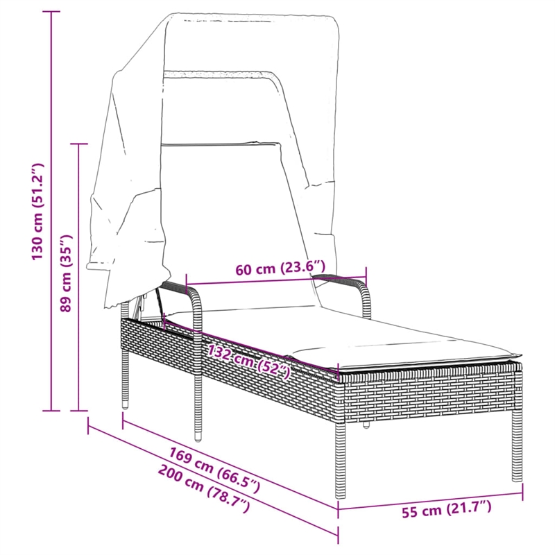 Pemberly Row Patio Sun Lounger with Canopy and Cushion in Black/Turquoise