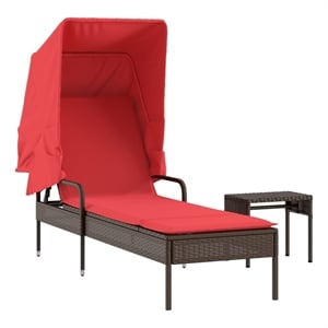 Pemberly Row PE Rattan Sun Lounger with Canopy and Side Table in Brown
