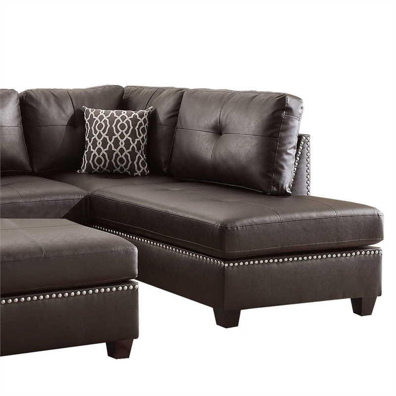 Pemberly Row Bonded Leather 3 Piece Sectional Set with Ottoman in Brown
