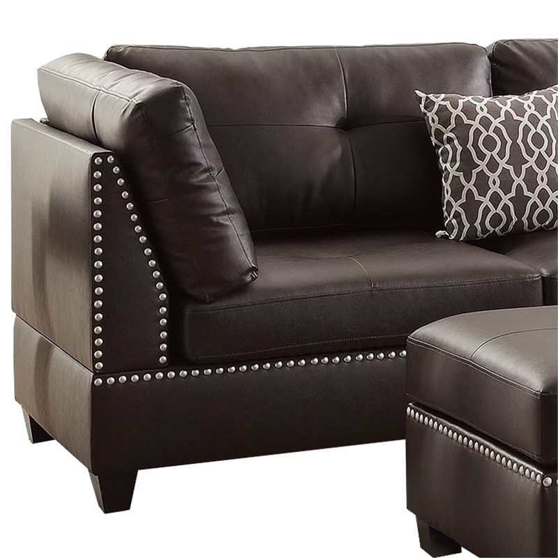 Pemberly Row Bonded Leather 3 Piece Sectional Set with Ottoman in Brown