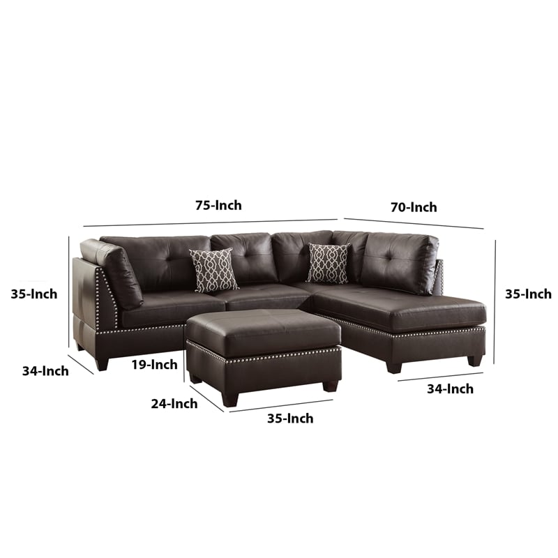 Pemberly Row Bonded Leather 3 Piece Sectional Set with Ottoman in Brown