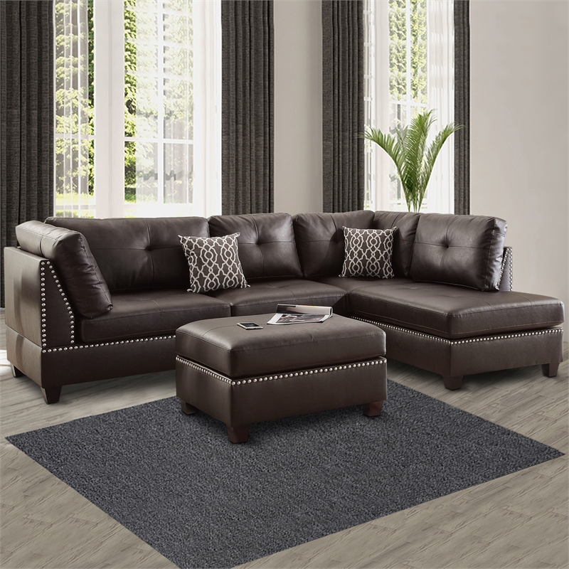 Pemberly Row Bonded Leather 3 Piece Sectional Set with Ottoman in Brown