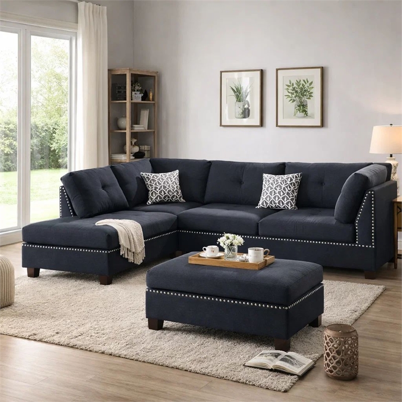 Pemberly Row 3 Piece Sectional Set with Ottoman and Accent Pillows in Black