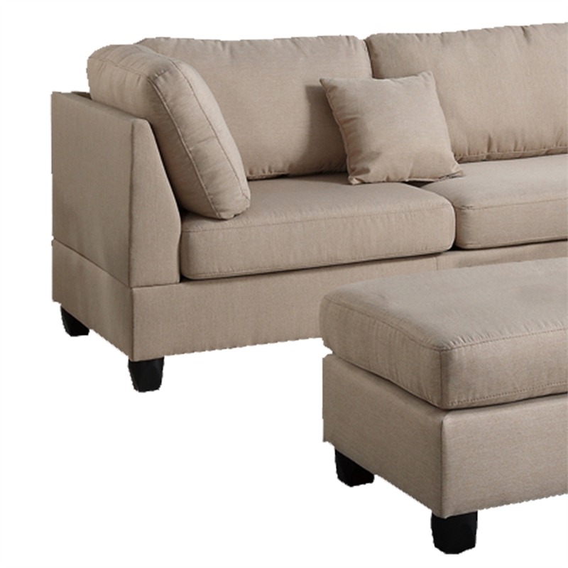 Pemberly Row Linen Fabric 3 Piece Sectional with Ottoman in Sand Beige