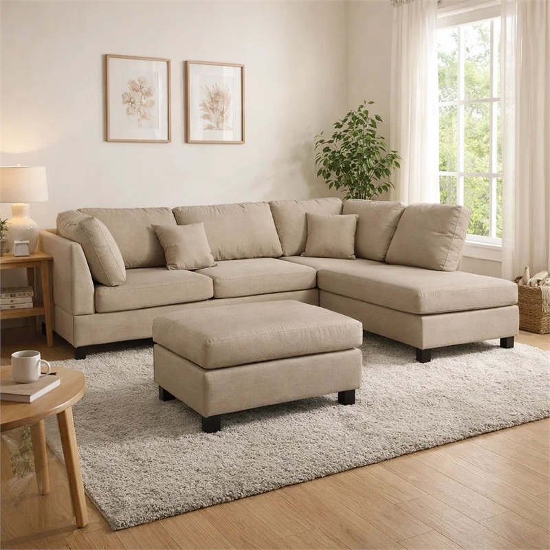 Pemberly Row Linen Fabric 3 Piece Sectional with Ottoman in Sand Beige