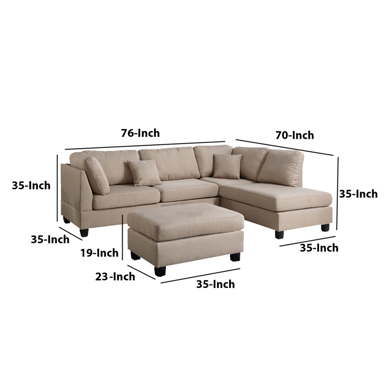 Pemberly Row Linen Fabric 3 Piece Sectional with Ottoman in Sand Beige