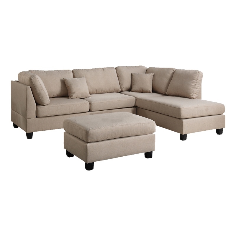 Pemberly Row Linen Fabric 3 Piece Sectional with Ottoman in Sand Beige