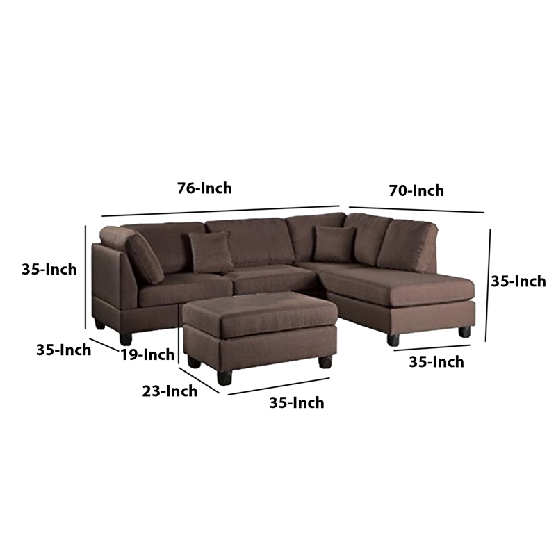 Pemberly Row Linen Fabric 3 Piece Sectional with Ottoman in Chocolate Brown
