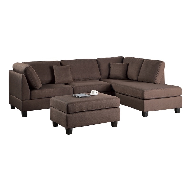 Pemberly Row Linen Fabric 3 Piece Sectional with Ottoman in Chocolate Brown