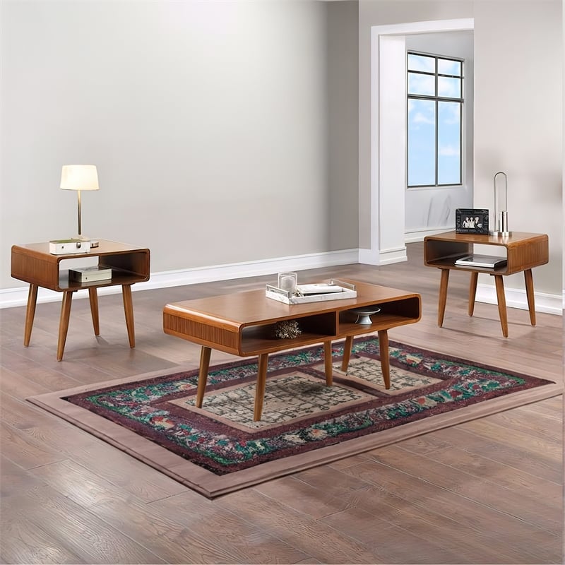 Pemberly Row 3 Piece Mid Century Wooden Occasional Table Set in Brown