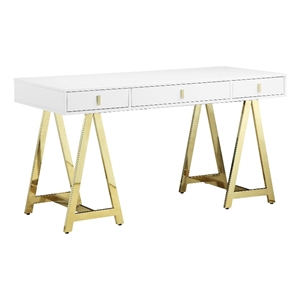 Pemberly Row 55&quot Desk with 3 Drawers in White Wood Veneer and Gold Metal