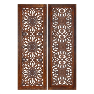 Pemberly Row 48&quot Set of 2 Hand Carved Mango Wood Wall Panels in Burnt Brown