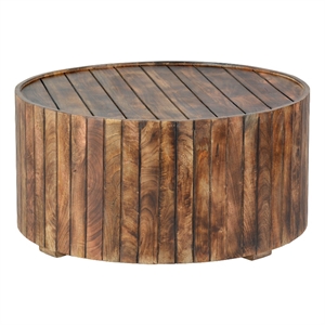Pemberly Row 34&quot Wooden Round Coffee Table with Plank Design in Brown