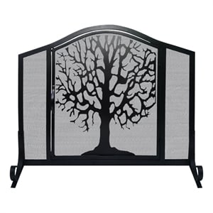 Pemberly Row 43&quot 3-Panel Iron Fireplace Screen with Tree of Life in Black