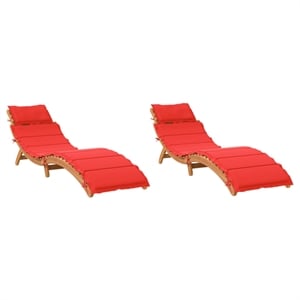 Pemberly Row Solid Acacia Wood Sun Lounger Set of 2 with Cushions in Red