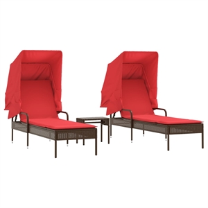 Pemberly Row PE Rattan Sun Lounger Set of 2 with Canopy in Brown