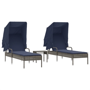 Pemberly Row PE Rattan Sun Lounger Set with Canopies and Table in Gray