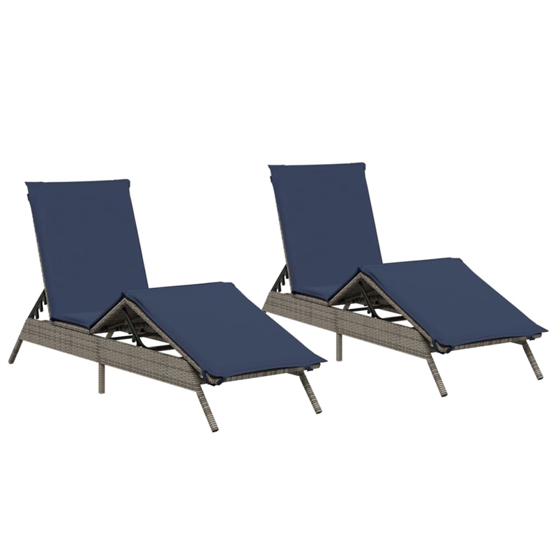 Pemberly Row PE Rattan Patio Sun Lounger Set of 2 with Cushions in Gray