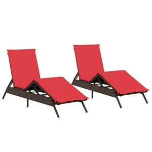 Pemberly Row PE Rattan Patio Sun Lounger Set of 2 with Footrests in Brown