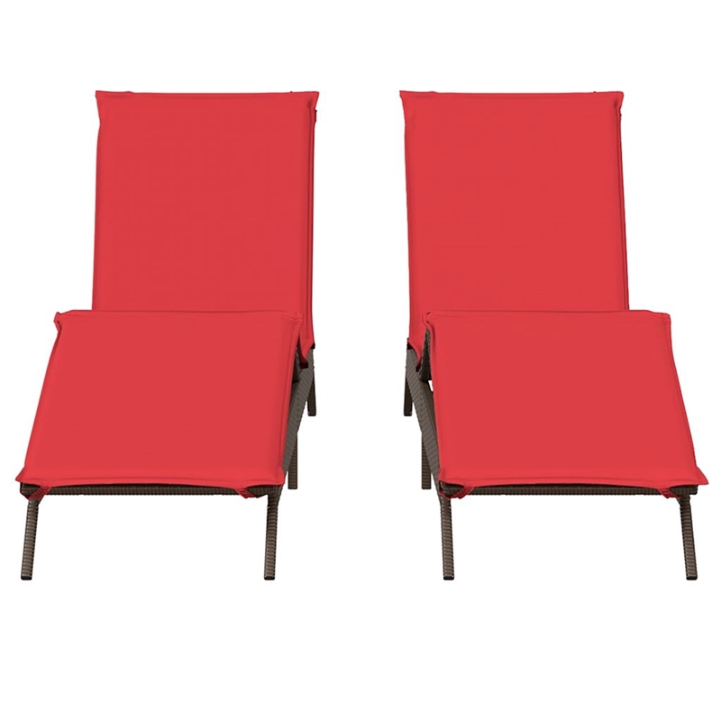 Pemberly Row PE Rattan Patio Sun Lounger Set of 2 with Footrests in Brown