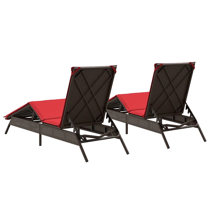 Pemberly Row PE Rattan Patio Sun Lounger Set of 2 with Footrests in Brown