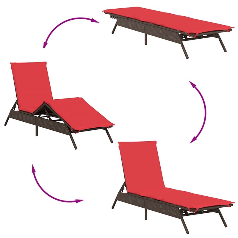 Pemberly Row PE Rattan Patio Sun Lounger Set of 2 with Footrests in Brown