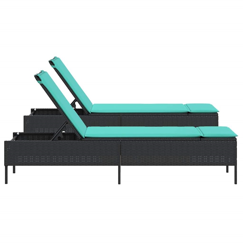 Pemberly Row PE Rattan Patio Sun Lounger Set of 2 with Cushions in Black