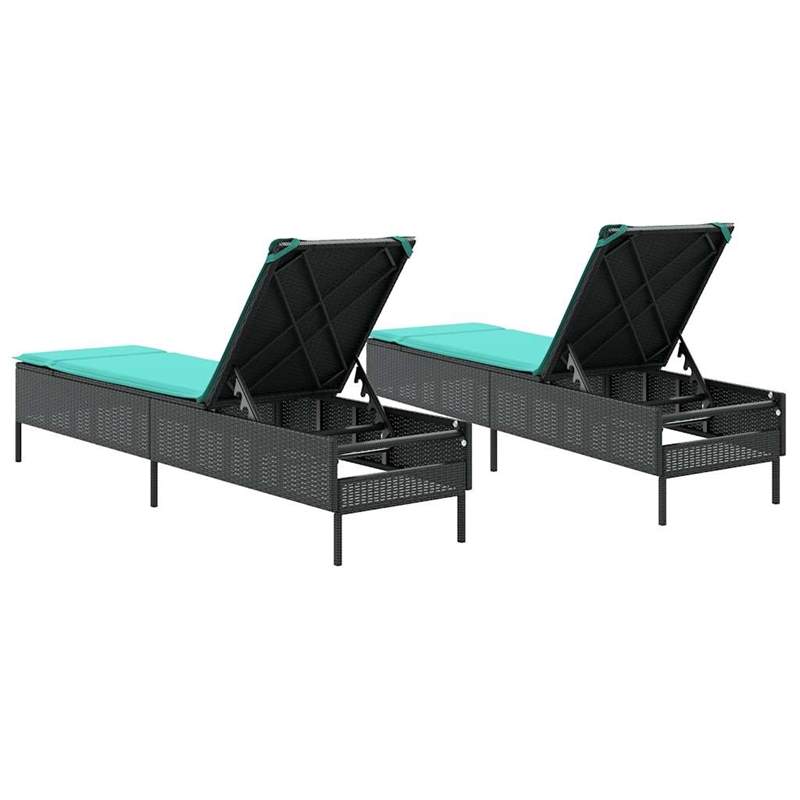 Pemberly Row PE Rattan Patio Sun Lounger Set of 2 with Cushions in Black