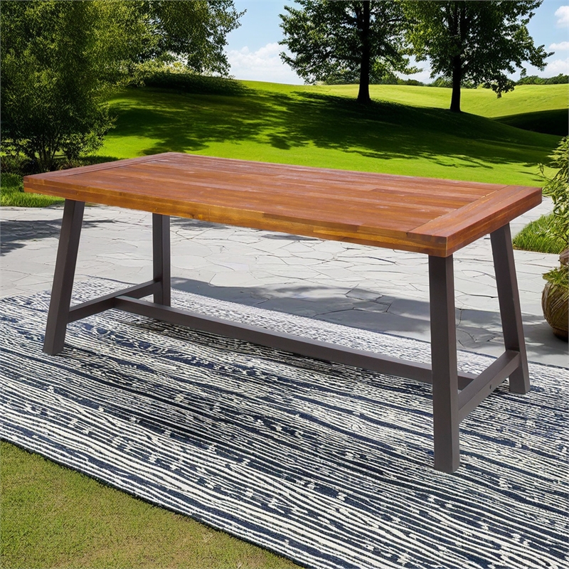 Pemberly Row Acacia Wood Outdoor Dining Table with Iron Legs in Brown
