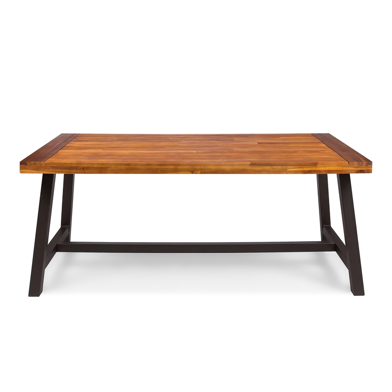 Pemberly Row Acacia Wood Outdoor Dining Table with Iron Legs in Brown