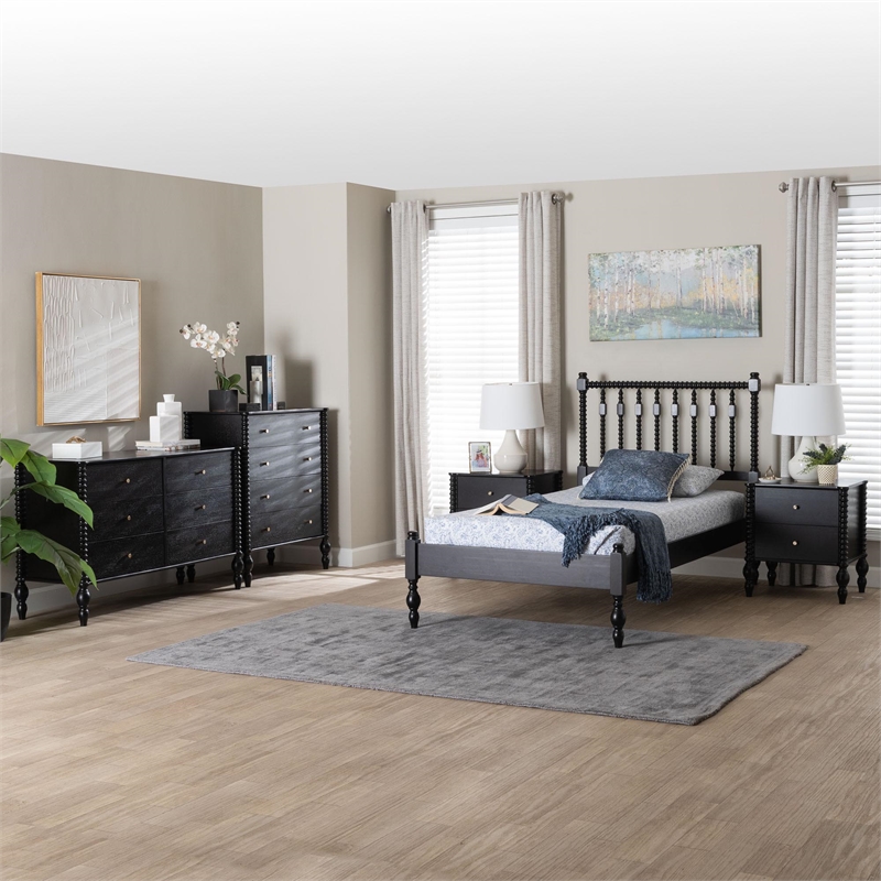 Pemberly Row Spindle 5-Piece Bedroom Set with Platform Bed in Black Twin