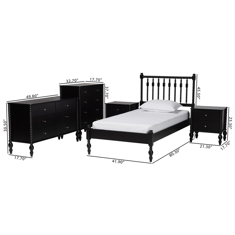 Pemberly Row Spindle 5-Piece Bedroom Set with Platform Bed in Black Twin
