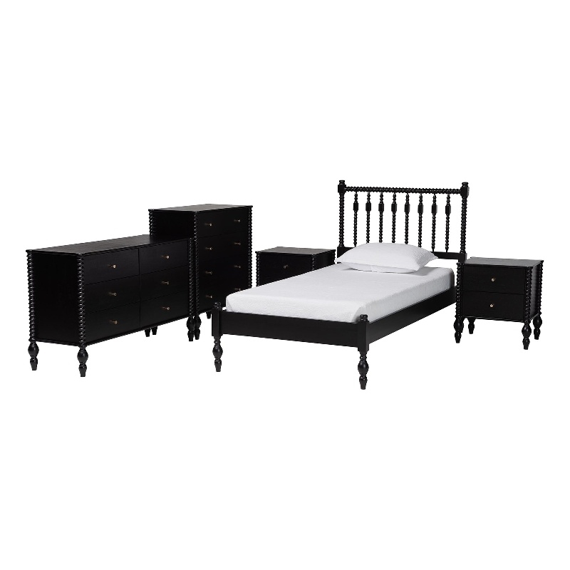 Pemberly Row Spindle 5-Piece Bedroom Set with Platform Bed in Black Twin