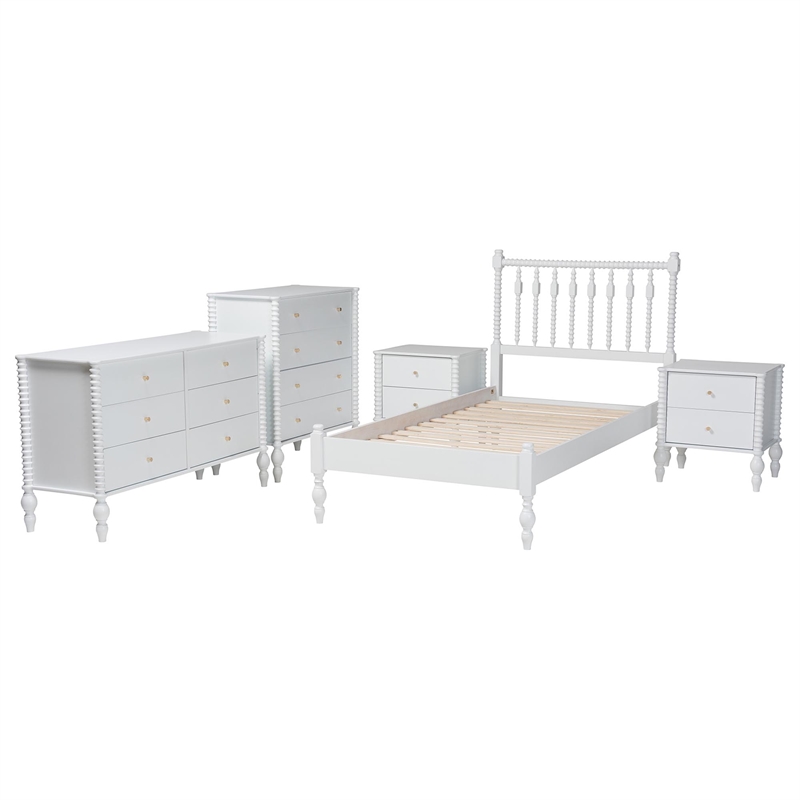 Pemberly Row Spindle 5-Piece Bedroom Set with Platform Bed in White Twin