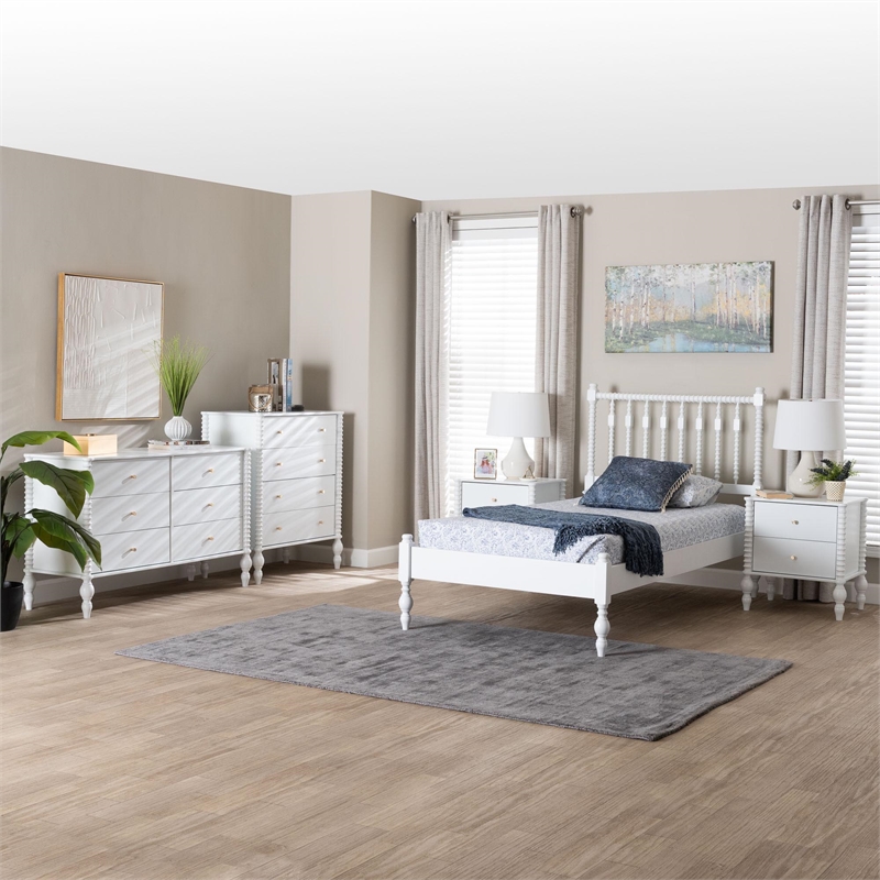 Pemberly Row Spindle 5-Piece Bedroom Set with Platform Bed in White Twin